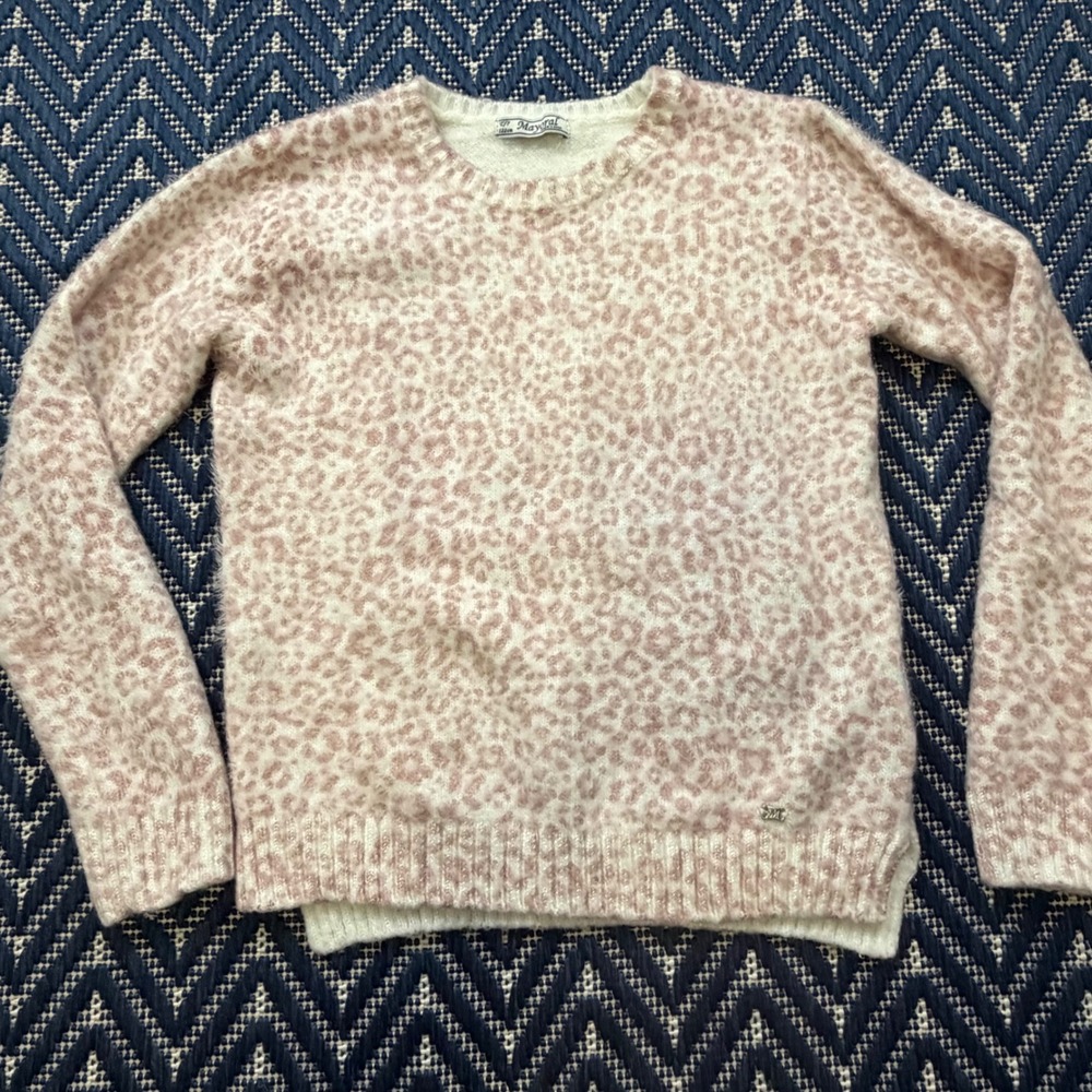 Mayoral Leopard Print Sweater Girls 7 Pink Fuzzy Knit Eyelash Crewneck Pullover